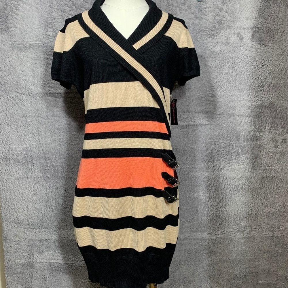No Boundaries Sweater Dress Womens Large L Coral Black Striped Buckle NJ46T400A